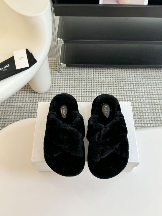 Celine Thick Sole Flip Flop Wool Slippers Wear-resistant Sole