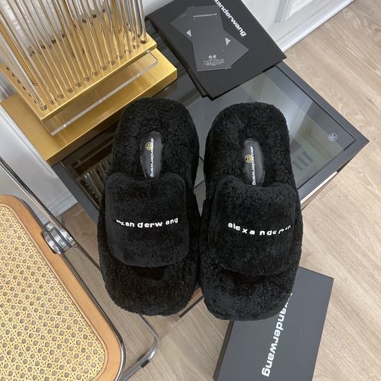 Alexander Wang Rhinestone Platform Fuzzy Slippers Wool Upper Thick Sole