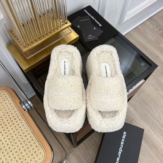Alexander Wang Rhinestone Platform Fuzzy Slippers Wool Upper Thick Sole