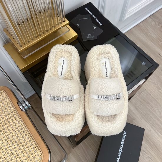 Alexander Wang Rhinestone Platform Fuzzy Slippers Wool Upper Thick Sole