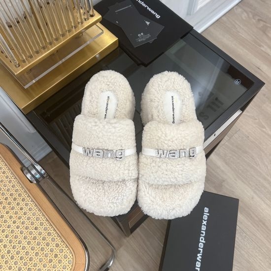 Alexander Wang Rhinestone Mid-Height Fuzzy Slippers Wool Upper Soft Sole