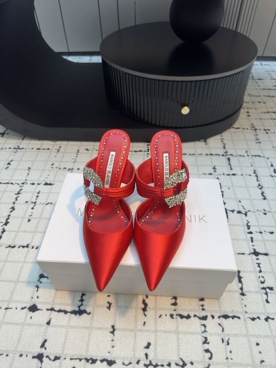 Manolo Blahnik Crystal Buckle Satin High Heel Mule Shoes