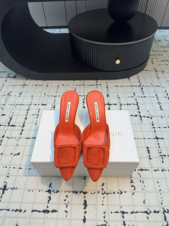 Manolo Blahnik Pointed Toe Buckle Suede Slide with Leather Sole