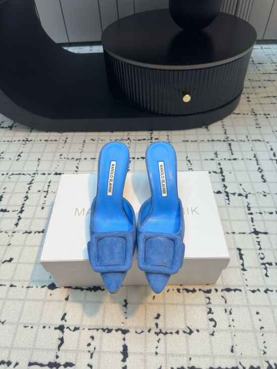 Manolo Blahnik Pointed Toe Buckle Suede Slide with Leather Sole