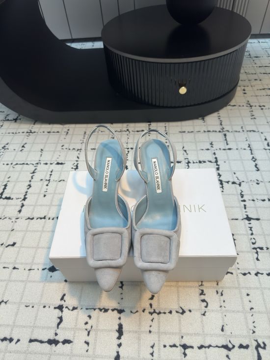 Manolo Blahnik Pointed Toe Buckle Suede Sandal with Leather Sole