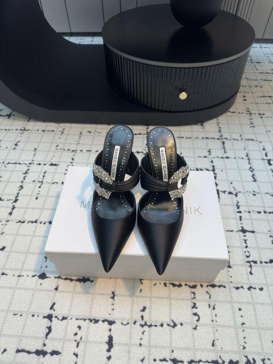 Manolo Blahnik Crystal Buckle Satin High Heel Mule Shoes