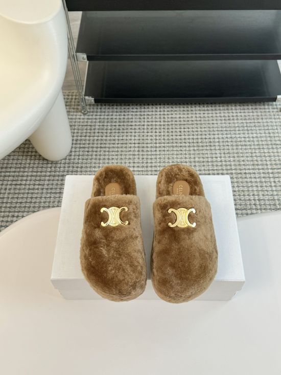Celine Thick Sole Flip Flop Wool Slippers Wear-resistant Sole