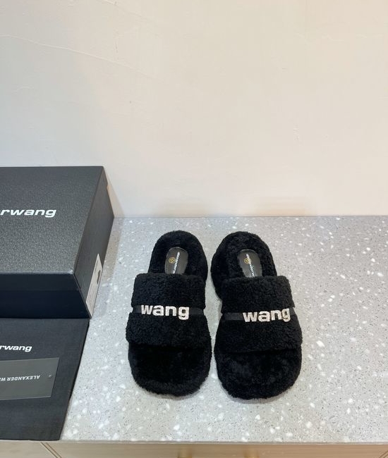 Alexander Wang Soft Curly Lamb Fur Rhinestone Buckle Flat Slippers