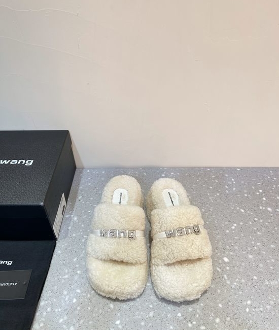 Alexander Wang Soft Curly Lamb Fur Rhinestone Buckle Flat Slippers