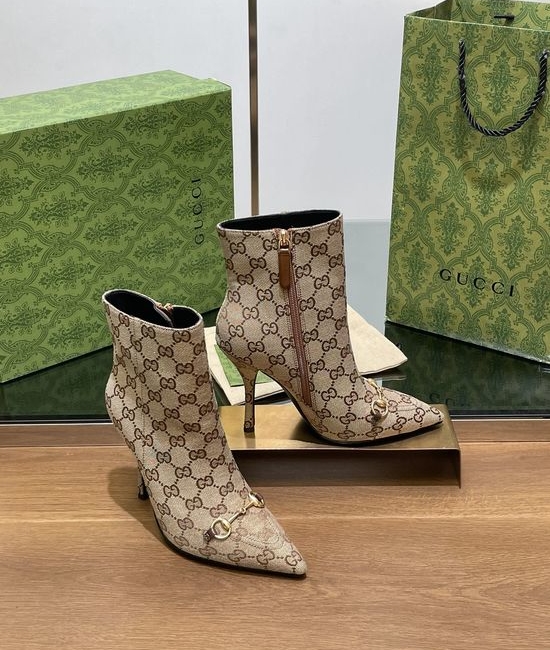 Gucci Pointed Toe Horsebit Ankle Boots With Monogram Upper