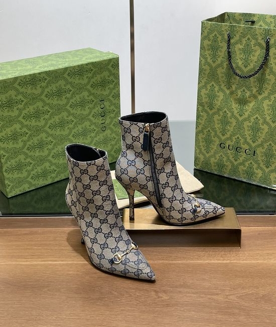 Gucci Pointed Toe Horsebit Ankle Boots With Monogram Upper