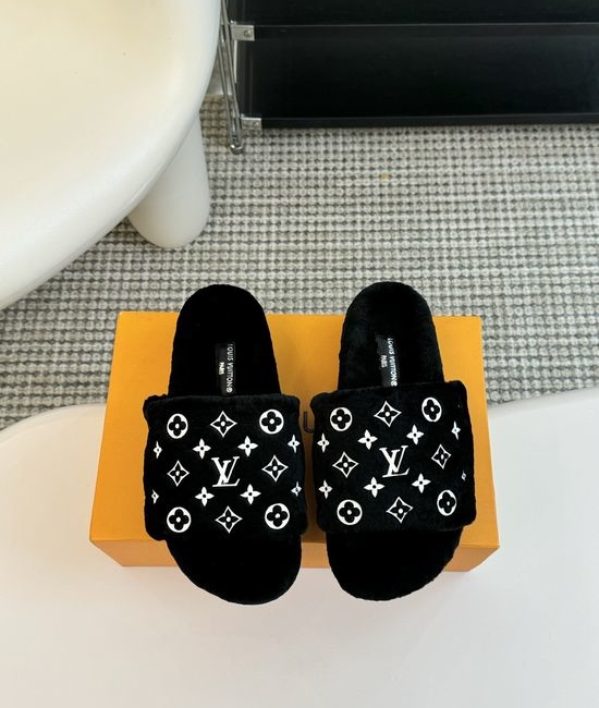 Louis Vuitton LV Cozy Wool Fuzzy Slippers Anti Slip Rubber Sole