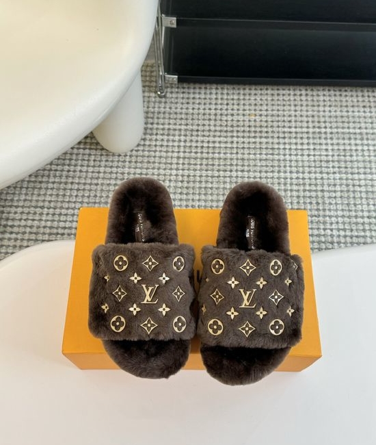 Louis Vuitton LV Cozy Wool Fuzzy Slippers Anti Slip Rubber Sole