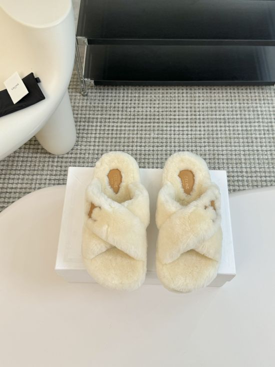Celine Wool Lined Platform Slip On Slippers Non Slip Sole