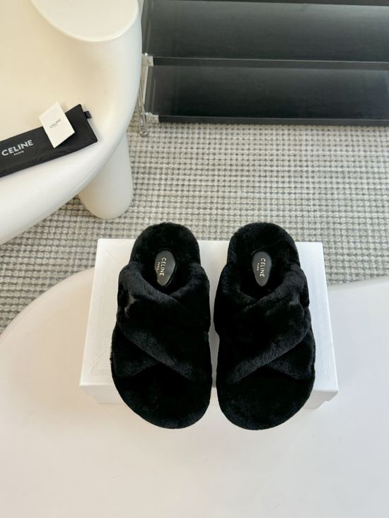 Celine Wool Lined Platform Slip On Slippers Non Slip Sole