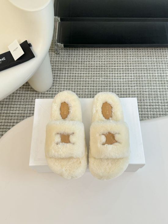 Celine Wool Lined Platform Slip On Slippers Non Slip Sole