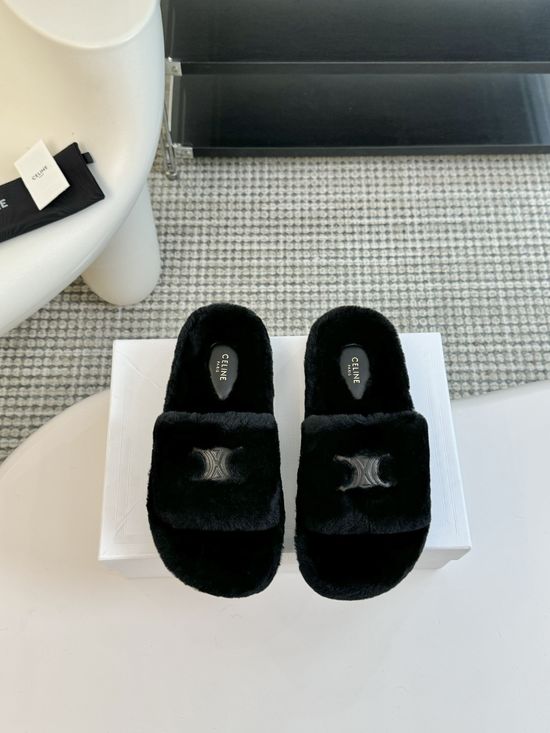 Celine Wool Lined Platform Slip On Slippers Non Slip Sole