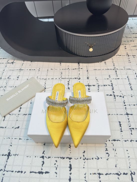 Manolo Blahnik Rhinestone Embellished Silk Mule Flat Shoes