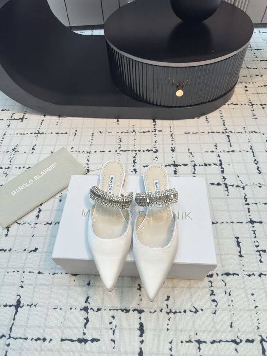 Manolo Blahnik Rhinestone Embellished Silk Mule Flat Shoes