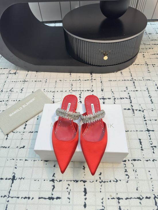 Manolo Blahnik Rhinestone Embellished Silk Mule Flat Shoes