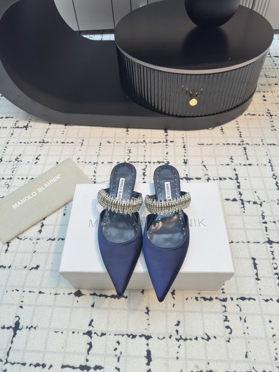 Manolo Blahnik Rhinestone Embellished Silk Mule Flat Shoes