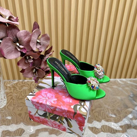 Dolce & Gabbana Rhinestone Buckle Silk High Heel Slides Elegant Retro Style