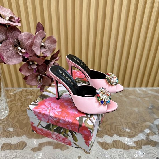 Dolce & Gabbana Rhinestone Buckle Silk High Heel Slides Elegant Retro Style