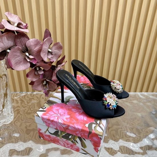 Dolce & Gabbana Rhinestone Buckle Silk High Heel Slides Elegant Retro Style