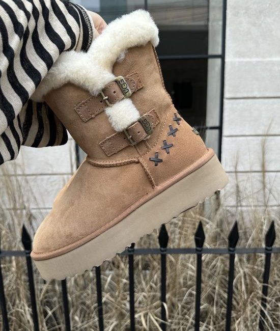 UGG Double Buckle Woven Thick Sole Comfortable Warm Boots