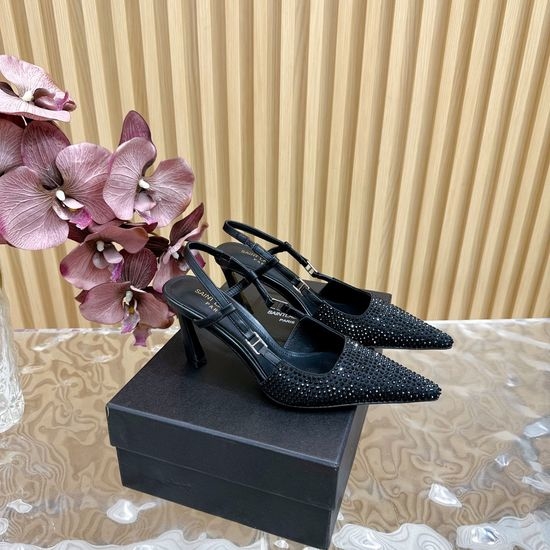 Yves Saint Laurent YSL Elegant Square Toe Kitten Heel Rhinestone Pumps