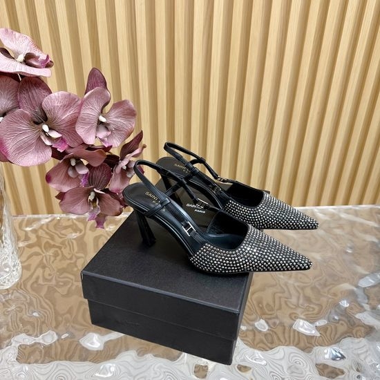 Yves Saint Laurent YSL Elegant Square Toe Kitten Heel Rhinestone Pumps