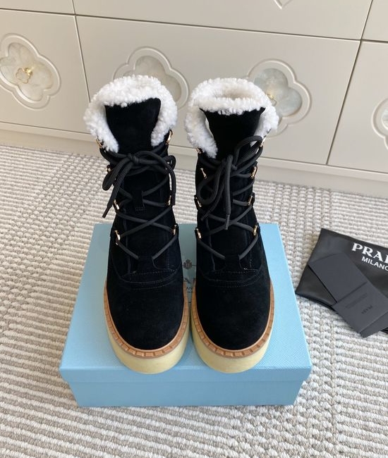Prada Warm Plush Lined Platform Ankle Boots with Logo Detail