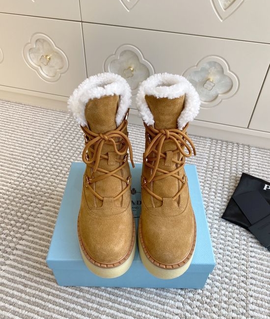Prada Warm Plush Lined Platform Ankle Boots with Logo Detail