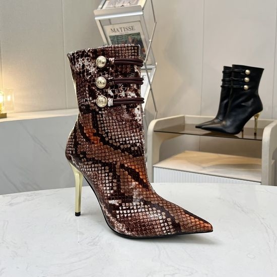 Balmain Snake Print Leather Stiletto Heel Ankle Boots