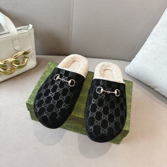 Gucci Wool Lined Suede Clogs with Decorative Metal Accent