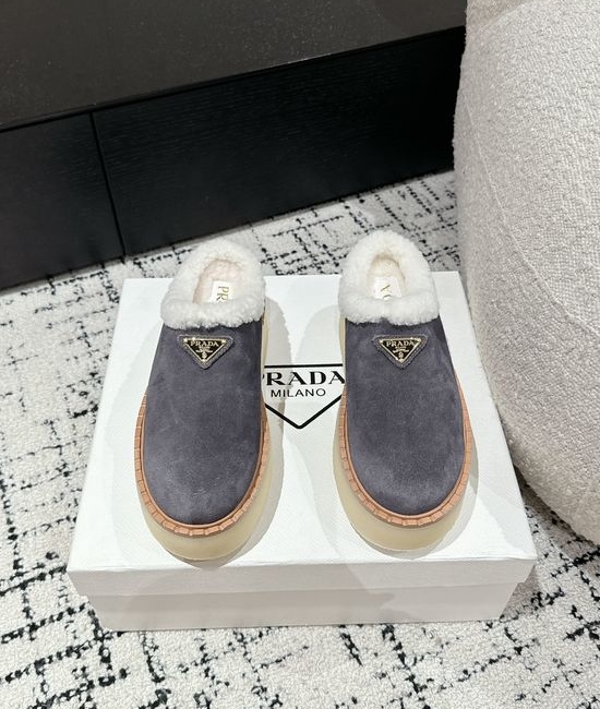 Prada Suede Platform Shearling Lined Mule Slippers Anti Slip