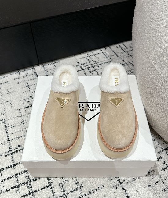 Prada Suede Platform Shearling Lined Mule Slippers Anti Slip