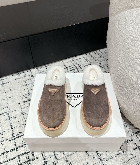 Prada Suede Platform Shearling Lined Mule Slippers Anti Slip