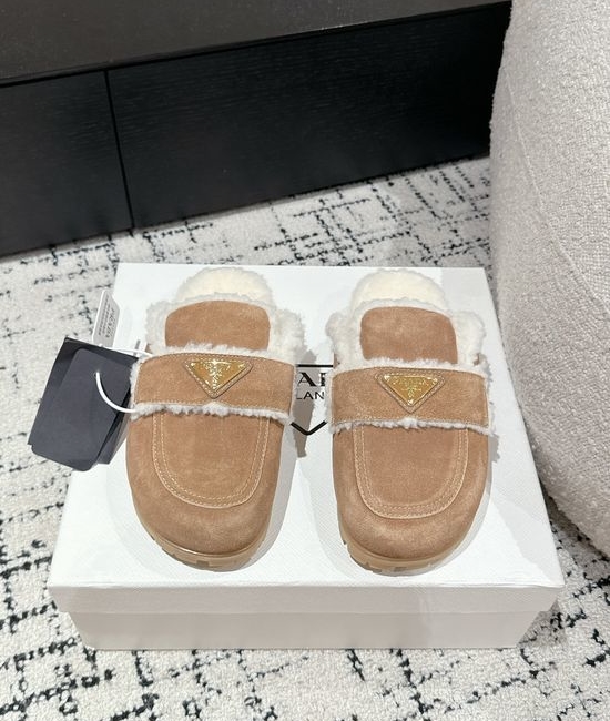 Prada Suede Shearling Lined Slide Slippers Anti Slip Sole