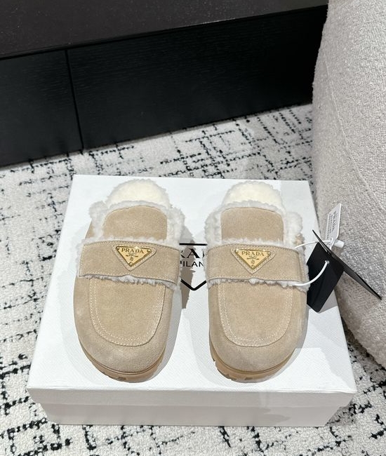 Prada Suede Shearling Lined Slide Slippers Anti Slip Sole