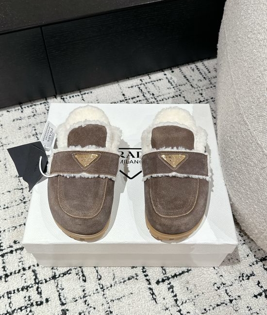 Prada Suede Shearling Lined Slide Slippers Anti Slip Sole