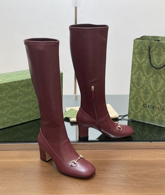 Gucci Knee High Leather Horsebit Boots Slim Leg Chunky Heel