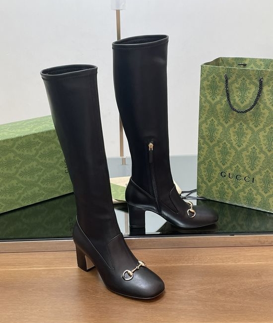 Gucci Knee High Leather Horsebit Boots Slim Leg Chunky Heel