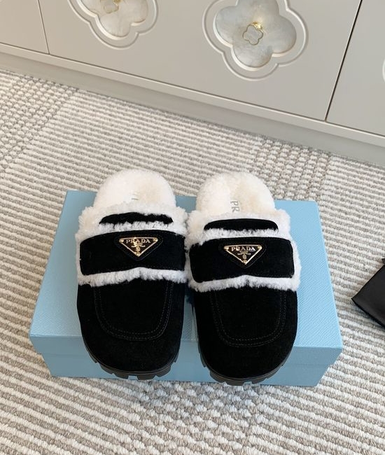 Prada Shearling Lined Platform Mule Slippers Soft Warm Shoes