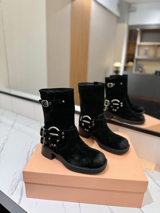 Miu Miu Vintage Distressed Leather Mid-calf Boots Retro Anti-slip Sole