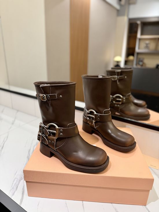 Miu Miu Vintage Distressed Leather Mid-calf Boots Retro Anti-slip Sole