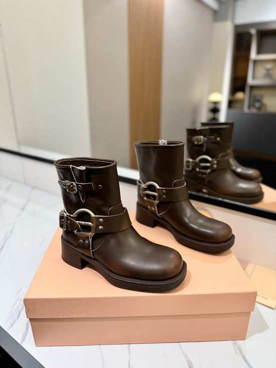 Miu Miu Distressed Leather Slip-Resistant Biker Boots