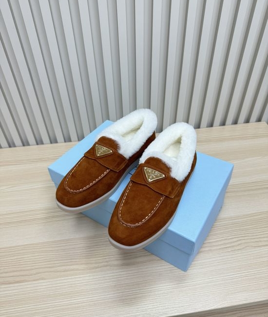 Prada Cozy Wool Lined Loafers Suede Upper Non Slip Durable Sole