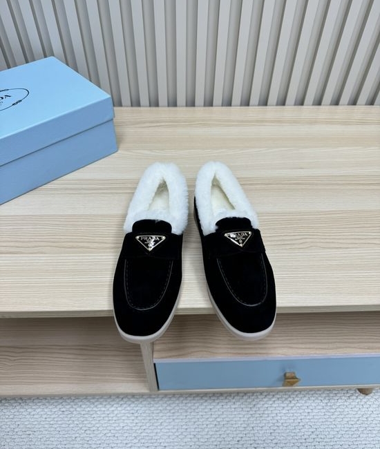 Prada Cozy Wool Lined Loafers Suede Upper Non Slip Durable Sole
