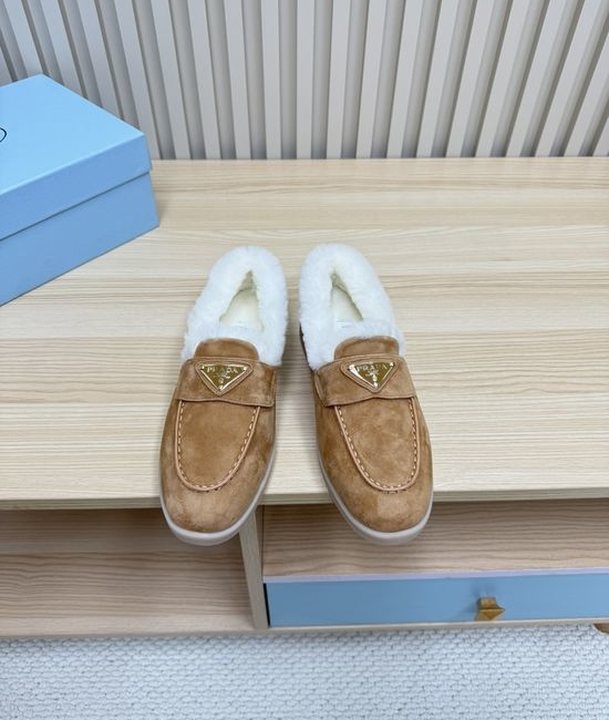 Prada Cozy Wool Lined Loafers Suede Upper Non Slip Durable Sole